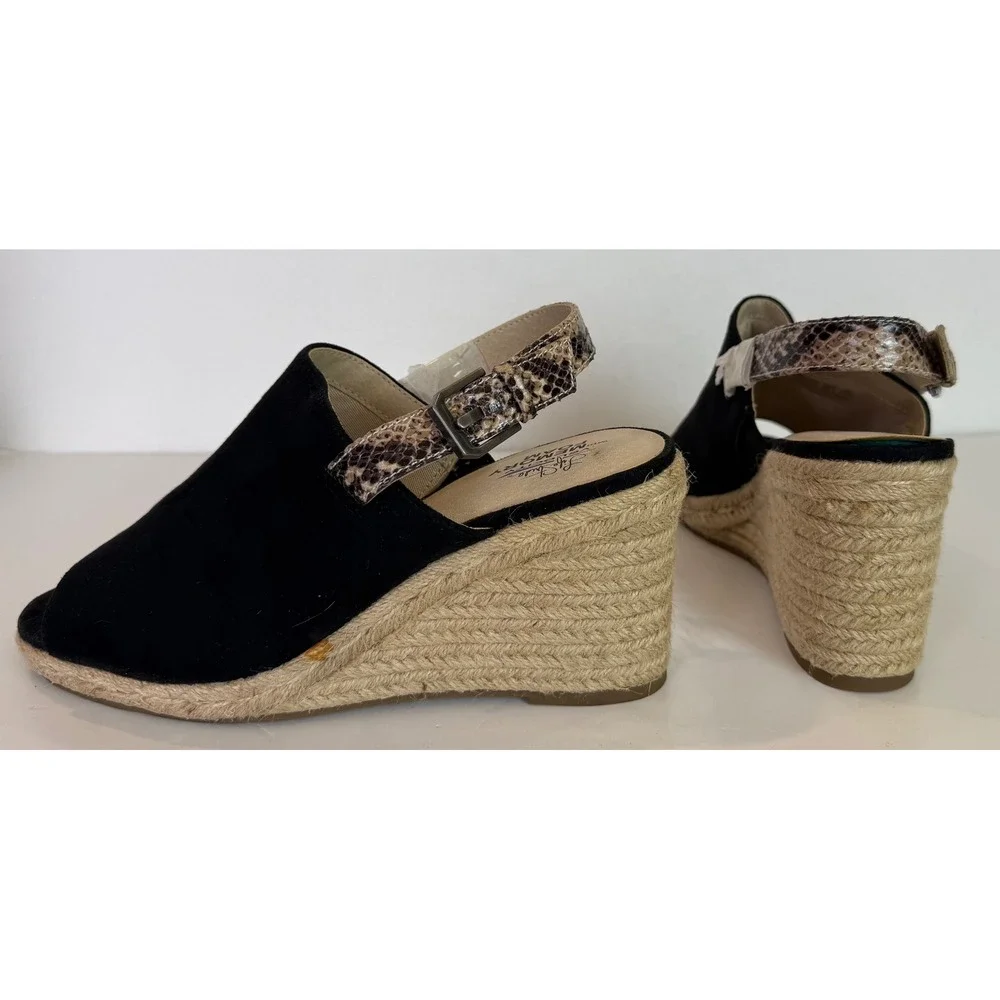 LifeStride Trina Wedge Sandal Black Suede Upper Snakeskin-Print Slingback Sz 9.5